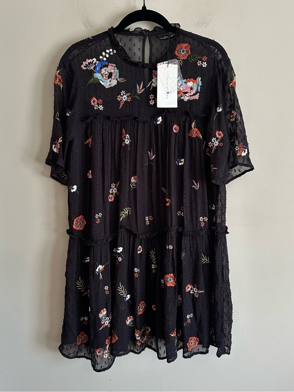 NWT Zara Black Floral Sequin Embroidered Mini Dress High Neck Small